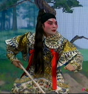 Actor Ngou Hoi Ming demonstrates the pony-tail hairstyle.  From the opera Gate of the White Dragon.